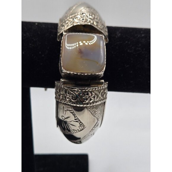 Vintage Chunky Tribal Engraved Silver Hinged Agate Cuff Bracelet Rare Incredible - Picture 7 of 12